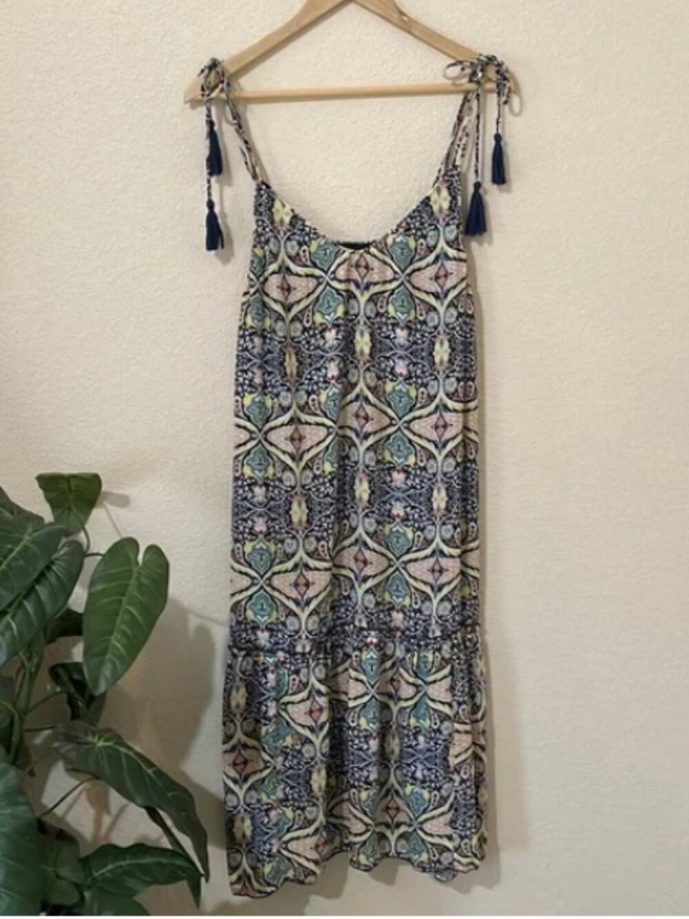 Finn & Grace Blue Boho Floral Spaghetti Strap Midi Dress Women's Size Large